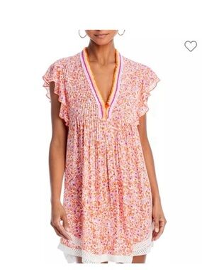 Poupette St. Barth Pink & Orange Floral Smocked V-Neck Mini Dress